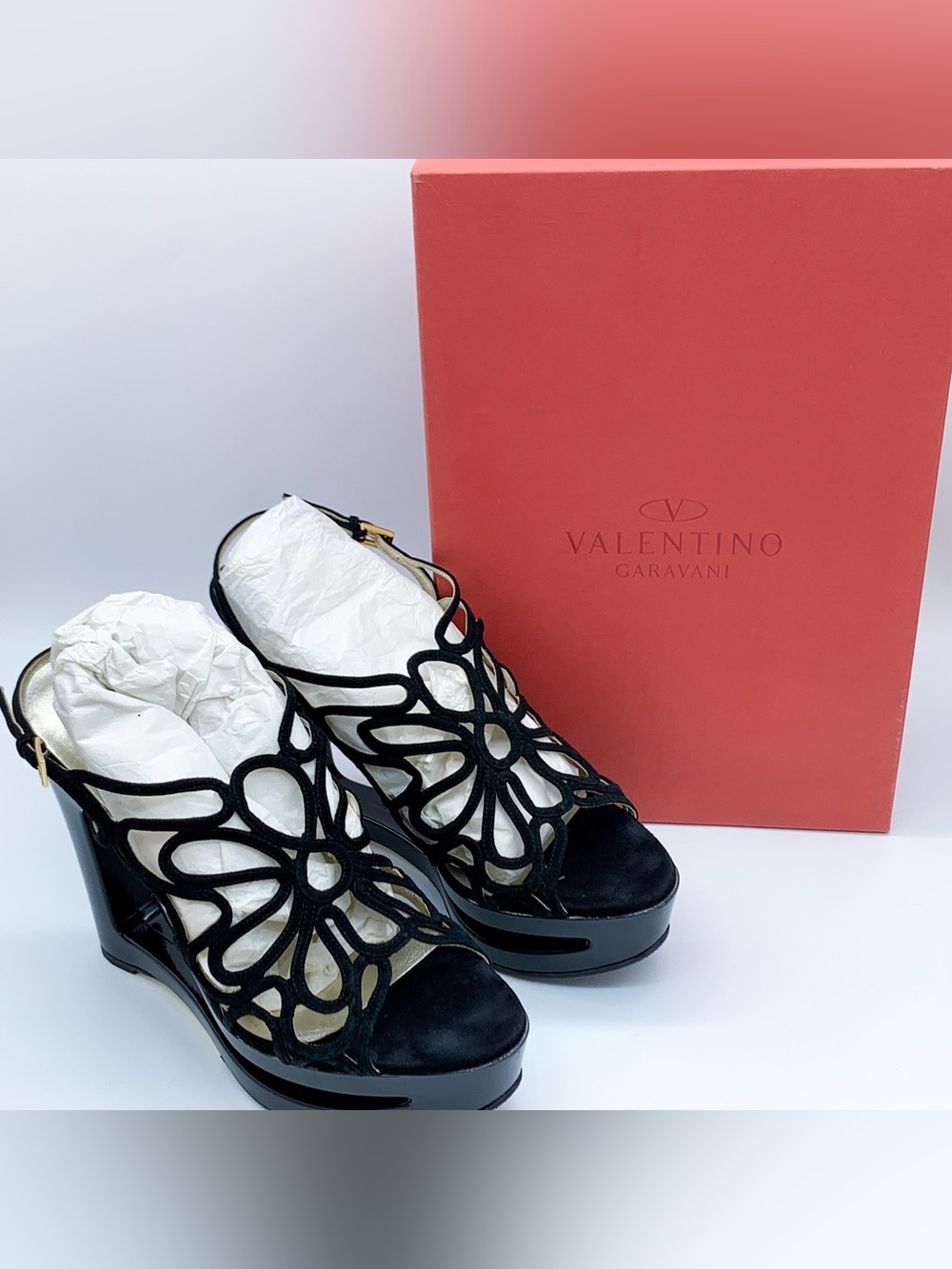 Valentino Garavani Black Floral Cutout Platform Sandals with Gold Buckle